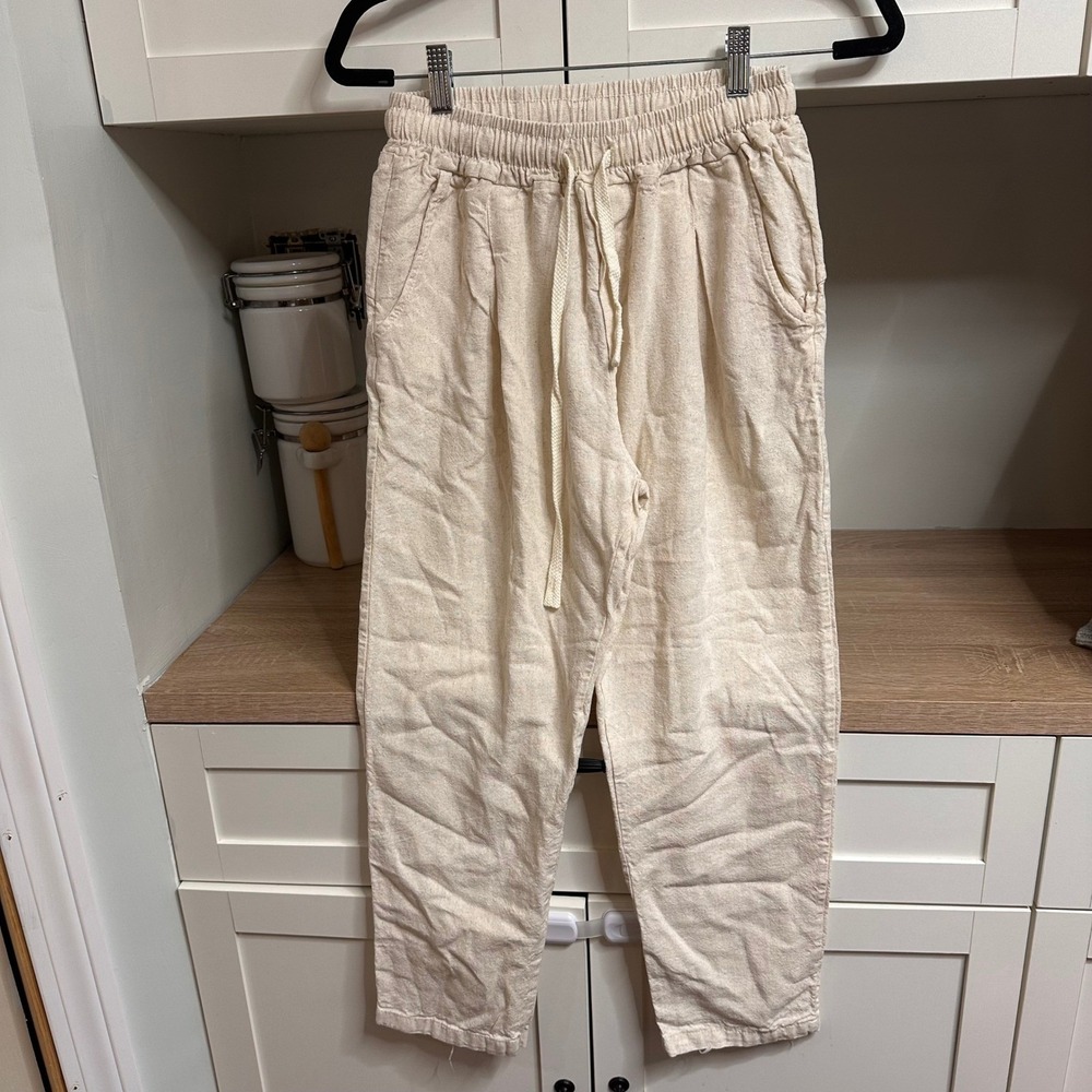Chroy Linen Blend Pants Womens Medium Beige Made in Italy Minimalist Lagenlook‎